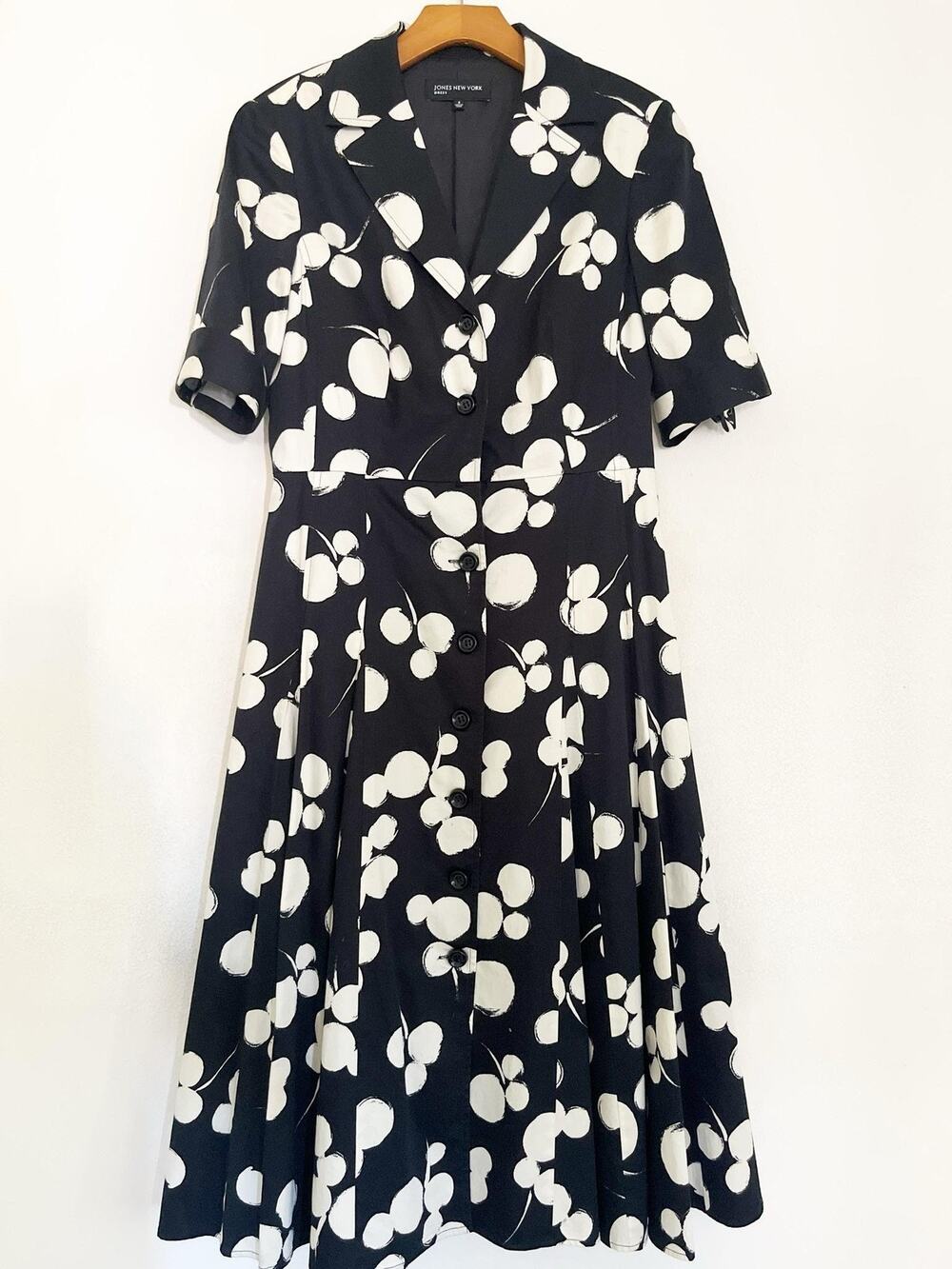 Jones New York Retro 80’s Dress Womens 6 Black Polka Dot Button Front Shirt Midi